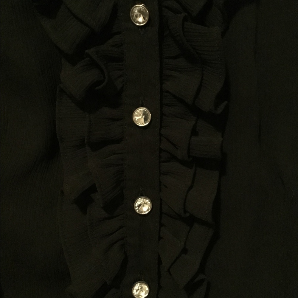 CLEO Black Ruffle V-Neck Blouse with Rhinestone Buttons - Size S - Picture 4 of 5